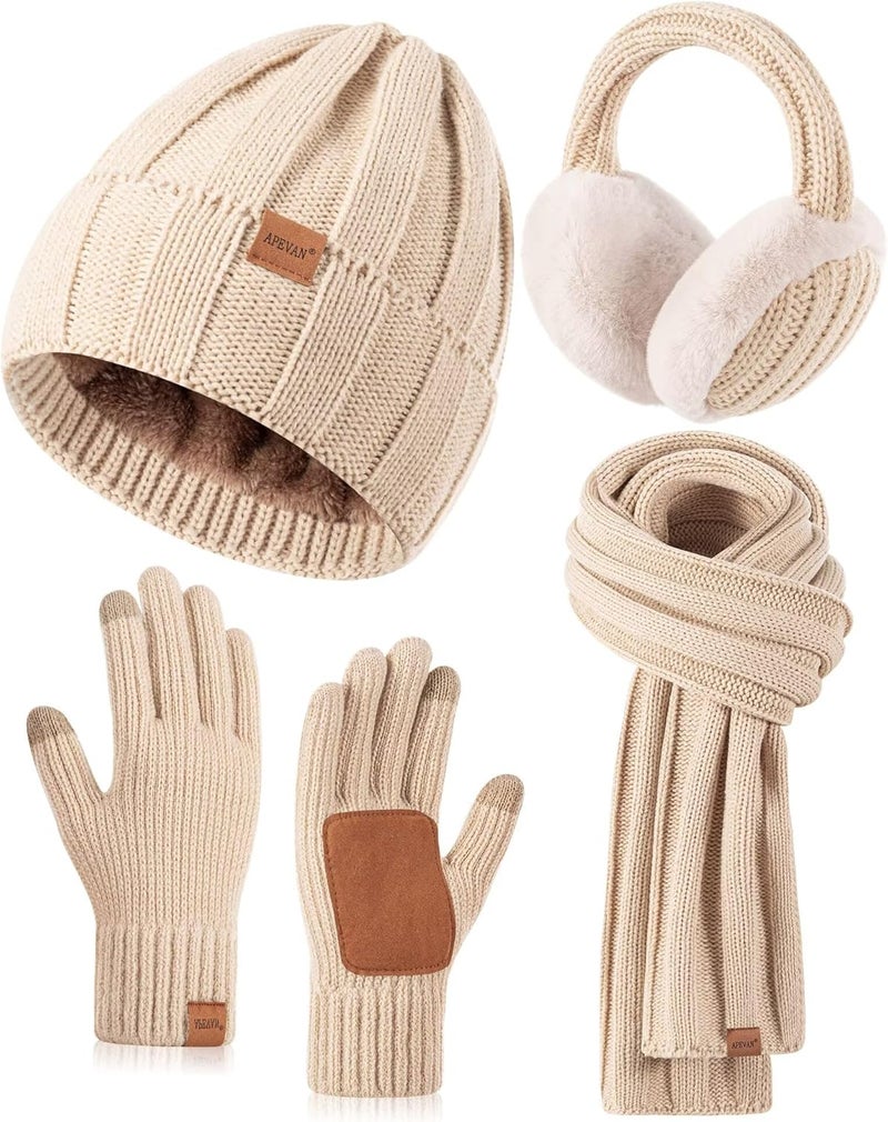 APEVAN Winter Hat Gloves Scarf Earmuffs Set for Women, Fleece Lined Beanie Long Scarf Touchscreen Gloves Ear Warmer, 4 in 1 Gift Set - Image 1